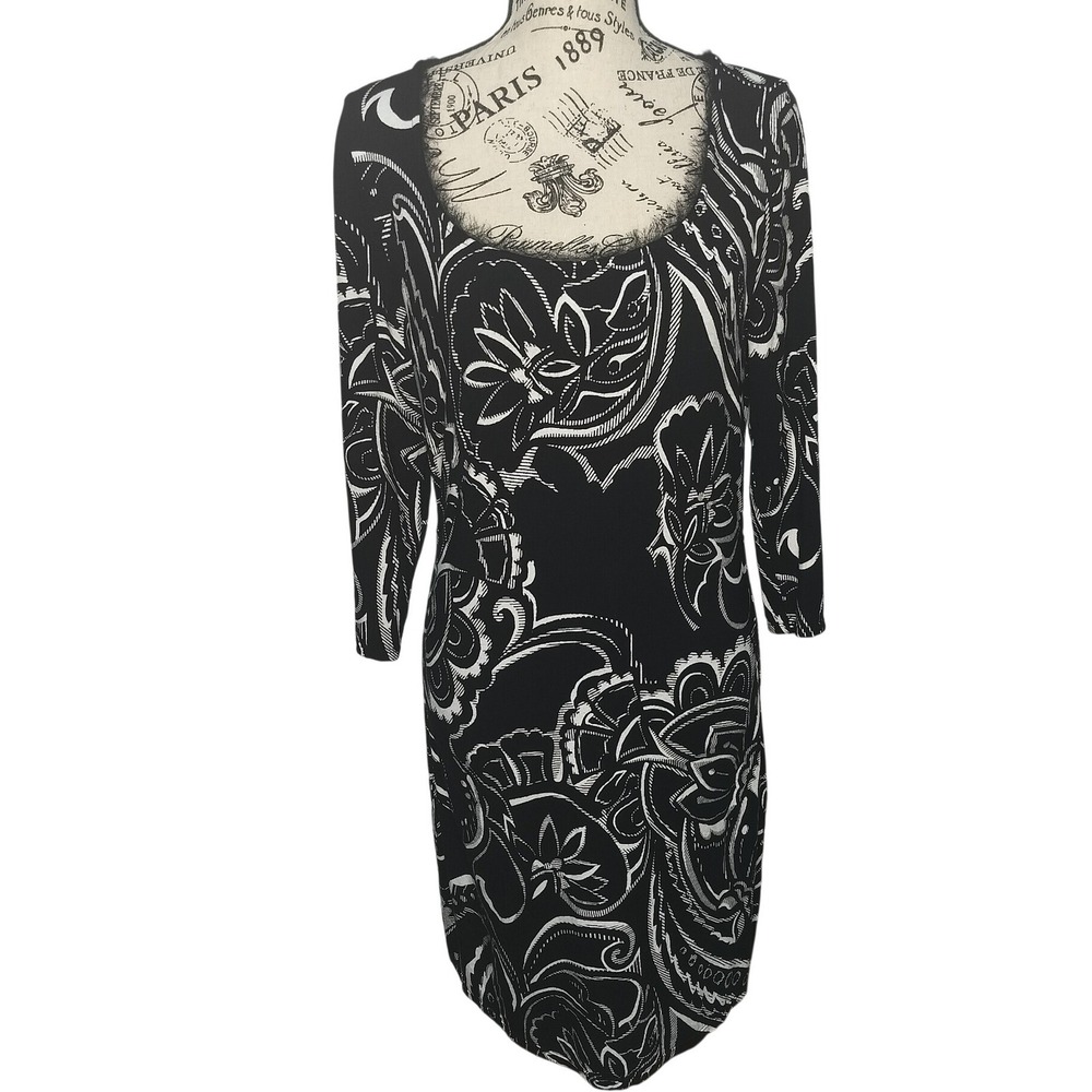 White House Black Market Black White Floral‎ Paisley 3/4 Sleeve Sheath Dress M